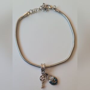 Snake Chain Charm Bracelet Blue Rhinestone Heart & Key